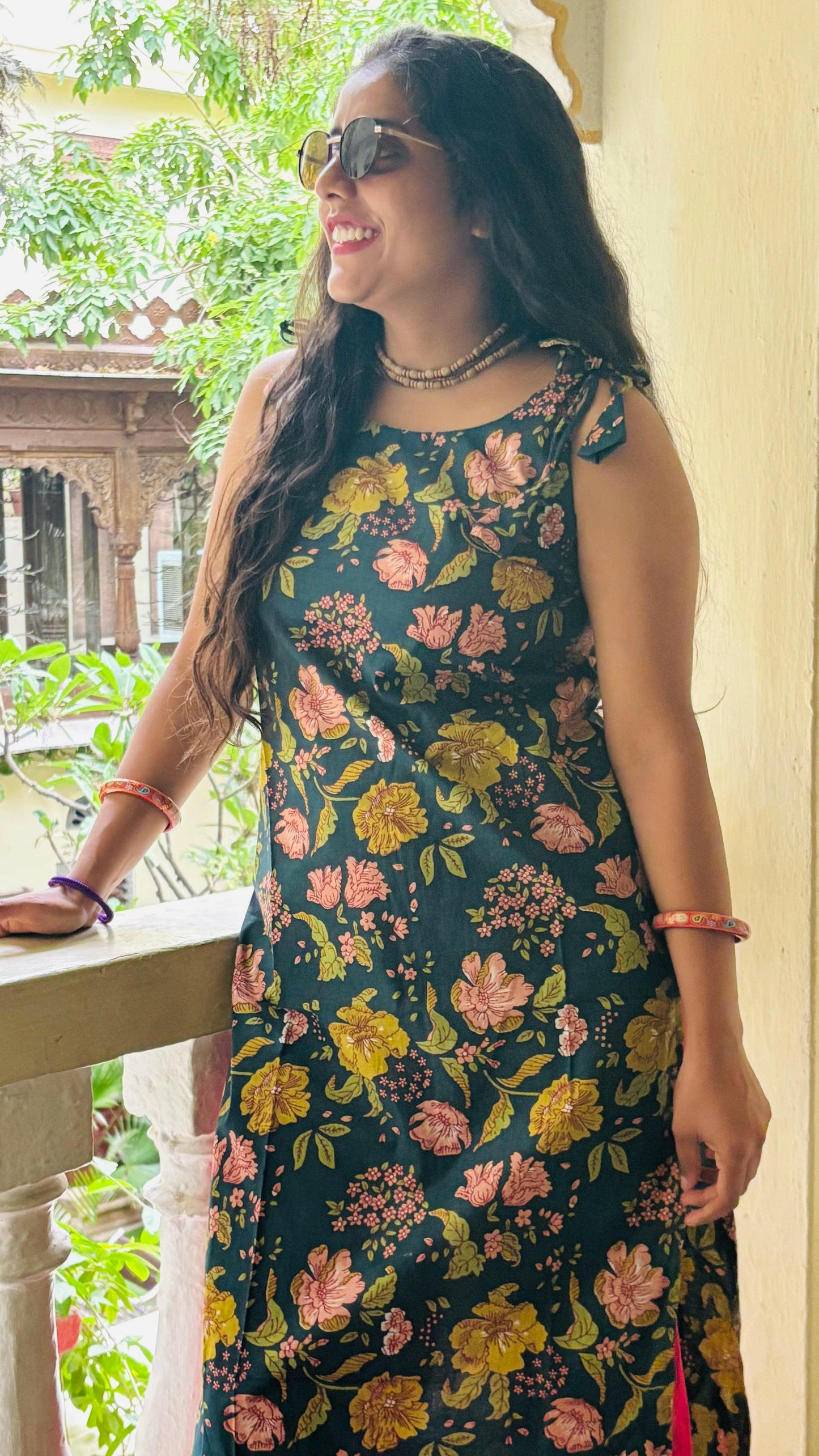 Dark Green Spaghetti Strap Floral Printed Cotton Straight Kurta – Stylish Ethnic Wear for Women - Shri Weaves & Wonder