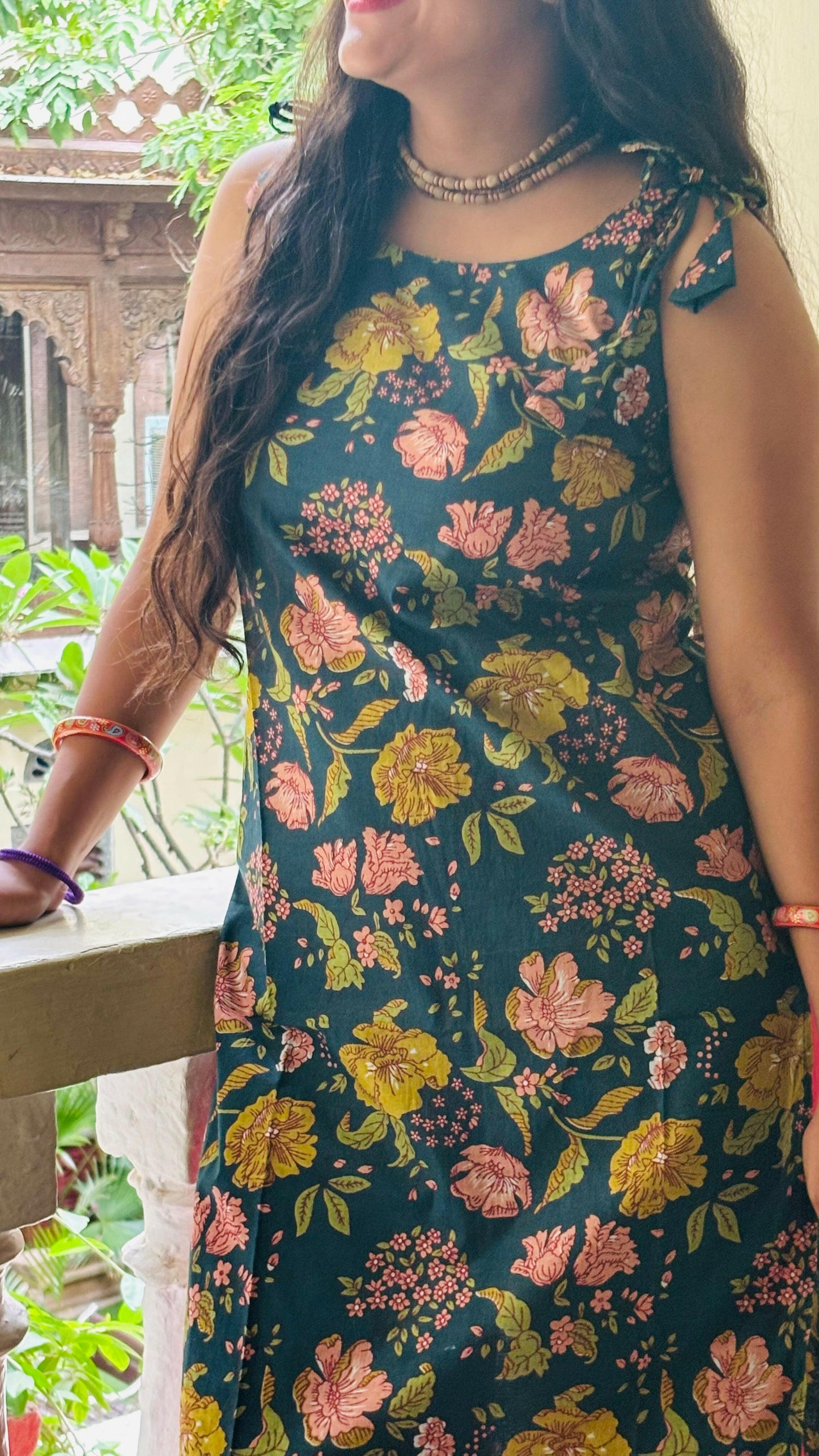 Dark Green Spaghetti Strap Floral Printed Cotton Straight Kurta – Stylish Ethnic Wear for Women - Shri Weaves & Wonder