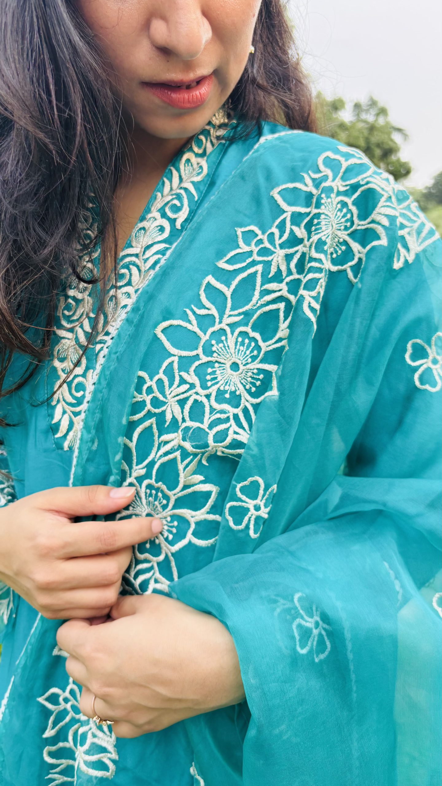 sea green embroidered straight kurta set with dupatta